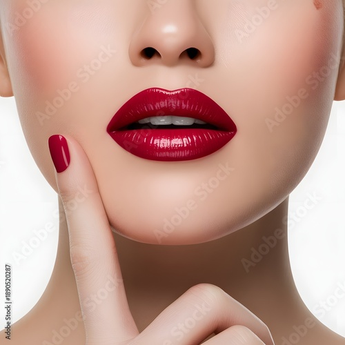 Close Up Beauty Portrait of Glossy Red Lips with Perfect Makeup on White Background