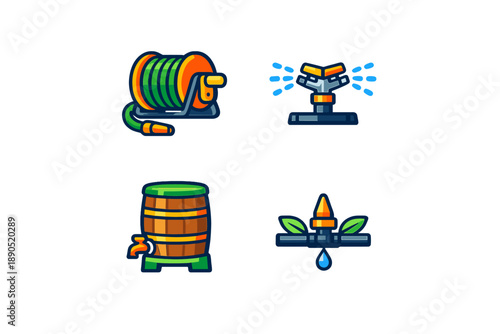 Different tools and equipment for gardening and watering plants with a hose reel, sprinkler, rain barrel, and faucet in a simple layout