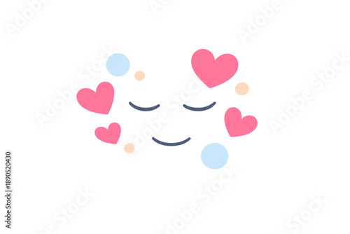 Smiling face with hearts and colorful dots showing feelings of joy and love in a simple design