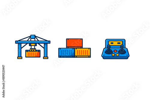 Construction equipment moves containers at a shipping yard during daytime hours for loading and unloading tasks, with a focus on operations and management