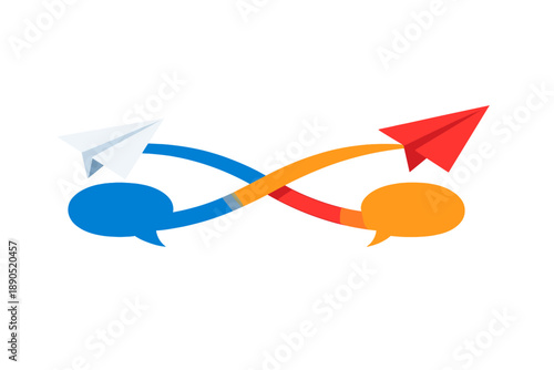 Small paper airplanes fly along curved lines while chat bubbles appear on the sides indicating conversation and communication in a simple design