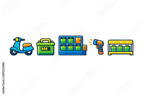 Visual display of different service tools like a scooter, battery, vending machine, scanner, and battery charging station in a simple arrangement
