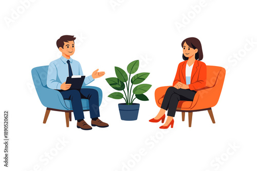 Meeting between two professionals in an office setting taking place during the day with a plant nearby and casual seating