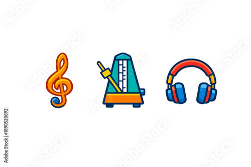 Music symbol, metronome, and headphones represent music learning tools and activities that enhance musical skills and understanding