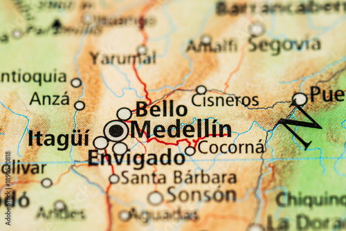 Detailed map close up highlighting Medellin and Bello Colombia area.