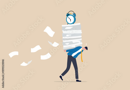 Workload and aggressive deadline causing exhaustion and burnout, overload or overworked office routine concept, tired businessman carrying heavy documents paperwork with alarm clock deadline on top.