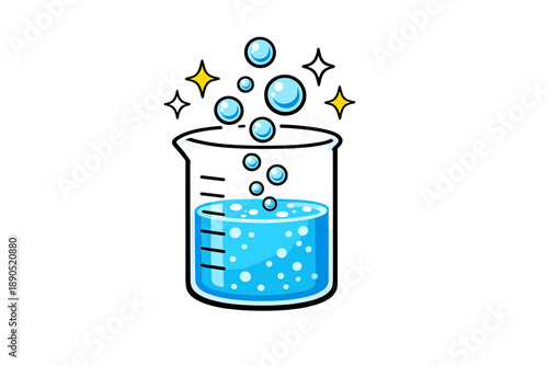 Bubbles rise in a beaker containing blue liquid during an experiment in a science lab setting on a bright day