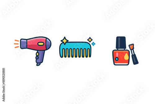 Various hair and beauty tools arranged in a simple line showing a hair dryer, a comb, and nail polish with a brush in bright colors on a white background