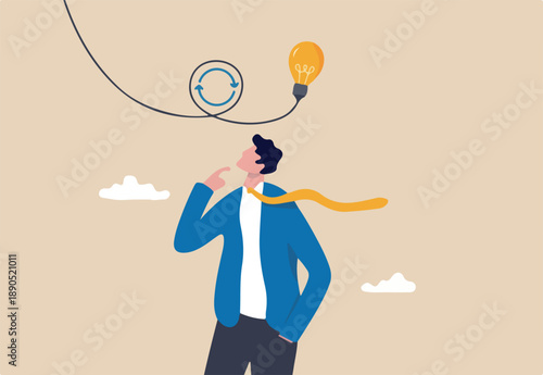 Rethink or think again to make change for better result, thinking new way to solve problem or make decisions, innovation idea to disruption concept, smart businessman rethink with lightbulb idea.