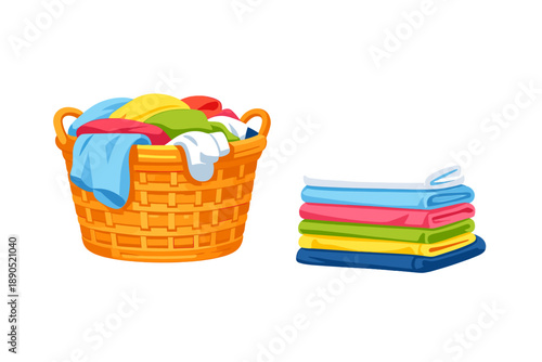 Washing clothes and folding towels in a bright laundry space during the day with a wicker basket and neatly stacked fabrics