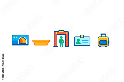 Various icons representing elements of travel, security, and identification at an airport or similar location likely during a busy travel season
