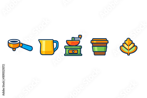 Coffee preparation tools displayed in a simple layout showing a coffee filter, pitcher, grinder, cup, and coffee leaf
