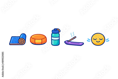 Yoga mat, meditation cushion, water bottle, incense holder, and smiling face represent relaxation and wellness practices in a simple setup