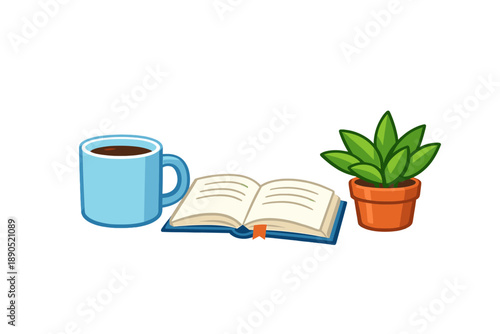 Coffee cup, open book, and potted plant on a white background during a quiet morning routine at home
