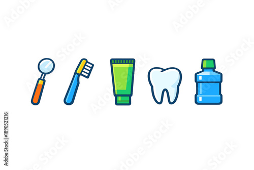 Tools for dental care include a mirror, toothbrush, toothpaste, tooth, and mouthwash arranged in a row against a plain background