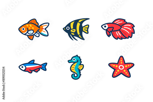 Colorful fish and sea creatures are arranged in a playful design on a white background showing their vibrant forms and details