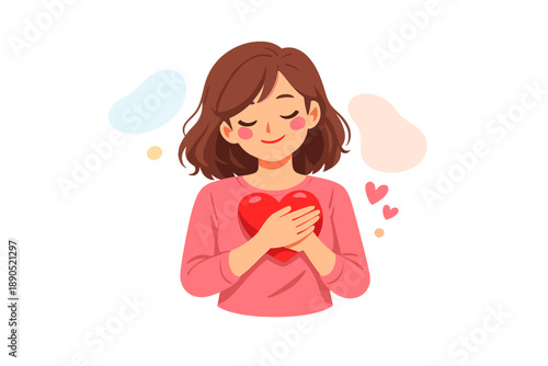 Girl holds heart shape with love and care while smiling with colorful background elements around her during daytime