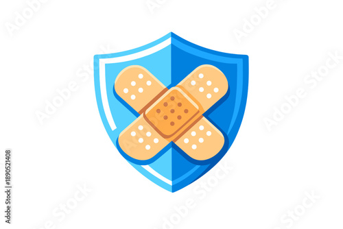 Graphic showing a shield with band-aids in the center, representing protection and care for injuries, perfect for health services or first aid topics, designed using simple colors and shapes