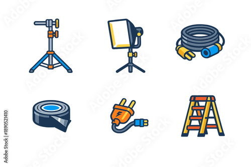 Various tools and equipment used for setting up lighting and working on projects in a studio environment