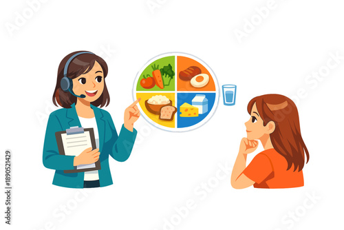 A nutritionist talks to a client about healthy eating and meal planning during a virtual consultation session