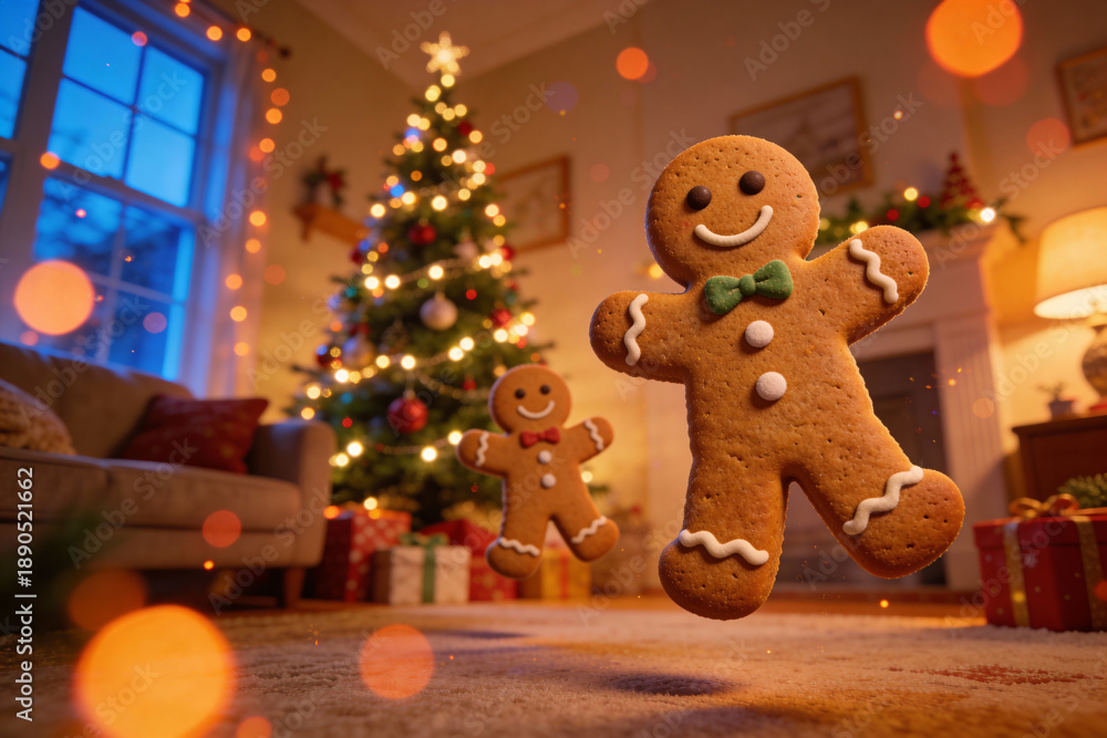 Naklejka premium Gingerbread cookies with smiling faces and bow ties stand on carpet in cozy living room decorated with Christmas tree, lights, and presents. Festive holiday baking and celebration concept.