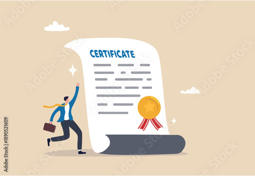 Certificate on taking course, award for excellent work or diploma document, license stamp or education certified guarantee concept, happy businessman with star certificate paper for work achievement.