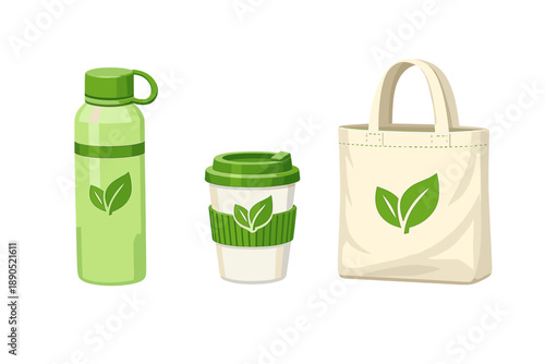 Green items promote sustainability and eco-friendly living with a reusable water bottle, coffee cup, and shopping bag displayed together