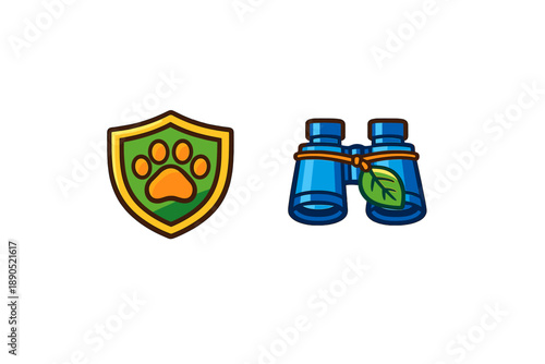 Icon designs show a pet paw shield and a pair of binoculars with a leaf on a plain background to suggest outdoor exploration