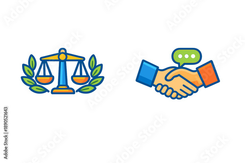 Symbols of law and communication show balance and agreement at a legal settlement discussion