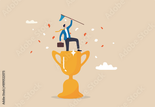 Victory or business achievement, triumph or award winning, accomplishment for leadership success, determination for career success concept, cheerful businessman winner raising flag on winning trophy.