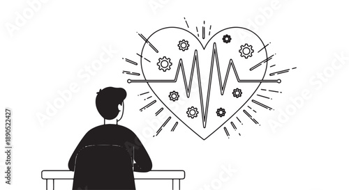 Man sitting at desk with large heart and heartbeat line illustration above symbolizing health and wellness concerns