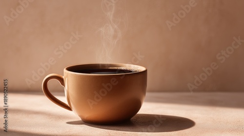 Brown ceramic coffee cup with hot black coffee and steam rising in warm natural light on beige background Generative AI