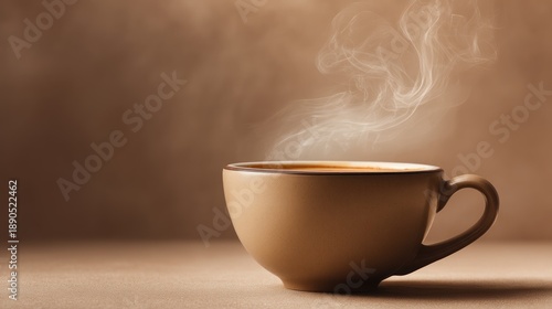 Brown ceramic cup of hot coffee with visible rising steam on textured surface and warm brown background in soft lighting Generative AI