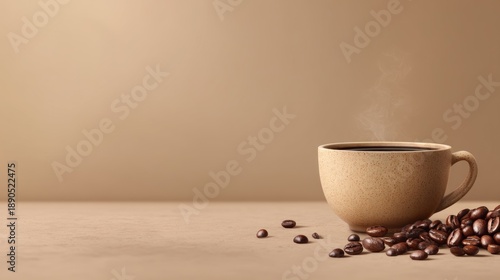 Speckled ceramic coffee cup with hot black coffee and scattered roasted beans on beige background in soft natural light Generative AI
