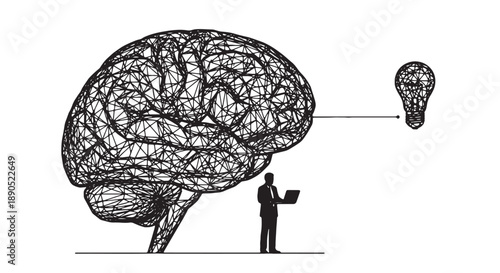 Man in suit holding laptop standing next to large wireframe brain with lightbulb idea