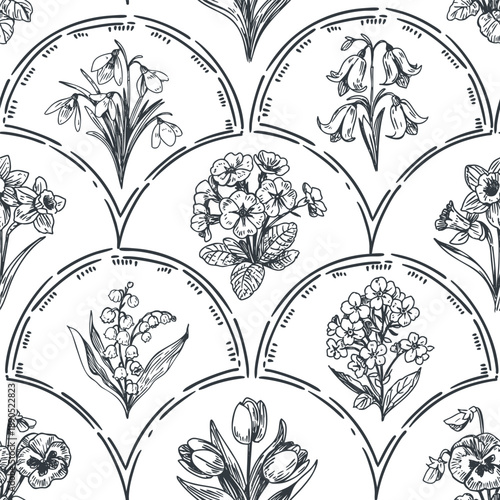  spring flowers illustrations, vector seamless pattrn, hand drawn one color, daffodils, tulips, iris