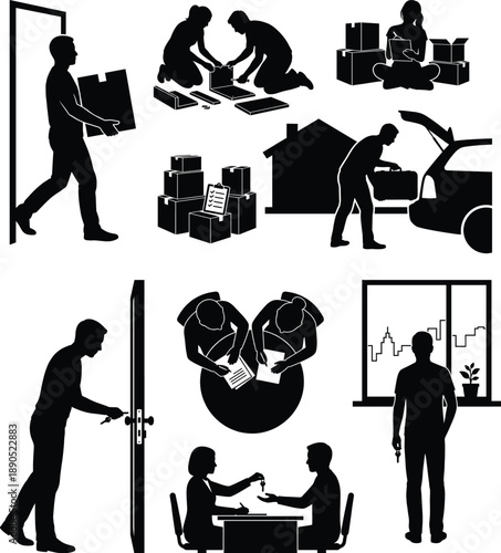 Moving House and Real Estate Silhouette Set Featuring Packing Boxes Furniture Assembly and Key Handover Scenes