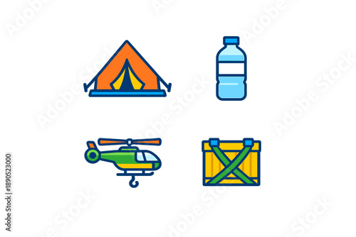 Camping gear, water, helicopter, and supply crate are shown in a graphic designed for outdoor activities and adventure planning