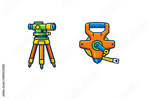 Tools for measuring distance and angles are shown on a plain background for use in construction and surveying work during day time