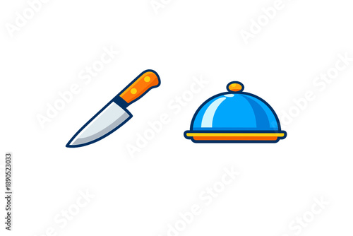 Cooking tools on a table with a blue serving dome and a knife showing the preparation for a meal at a kitchen setting