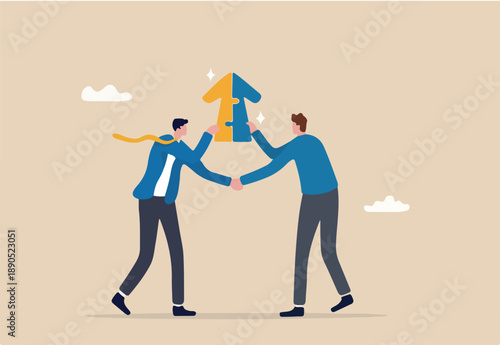 Joint venture business partnership agree to share resource and work together to achieve same goal, merge or acquisition, cooperation concept, businessman handshake connect growth arrow jigsaw puzzle. 