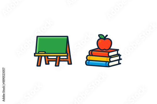 Green chalkboard and stack of colorful books with a red apple on top in a classroom setting during daytime