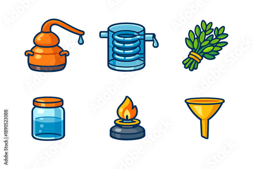 Process of making essential oils using a distillation setup with various equipment and natural materials