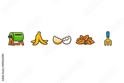 Bananas and eggs in a simple garden setup with a hand tool on display during the daytime