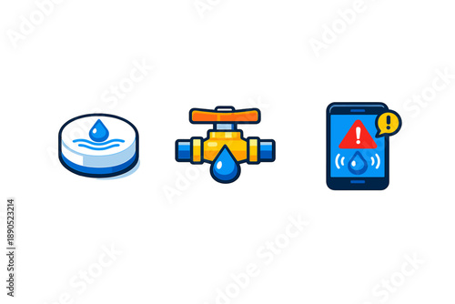 Water management system showing a water detection device, a valve, and a notification app on a smartphone for leak alerts in a building setup