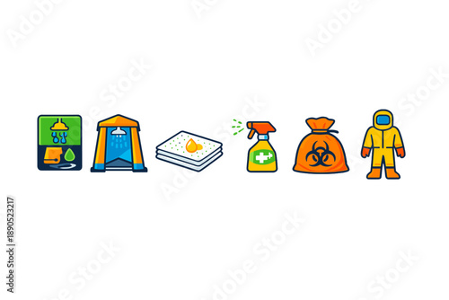 Images show items used for cleaning and safety in hazardous material management at a facility for waste handling during regular operations