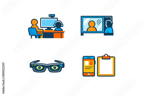 People participating in online meetings with computers, video calls, virtual tools, and smart glasses during a work session in an indoor setting