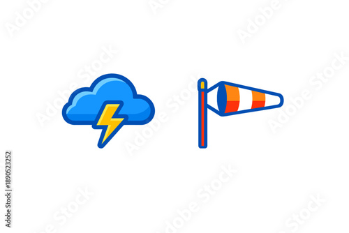 Weather icons show a storm cloud with lightning and a windsock indicating wind direction at a location on a clear day