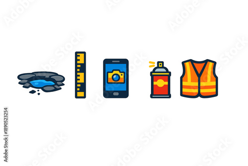 Workers check a construction site with tools like a ruler, smartphone, spray can, and safety vest during the day