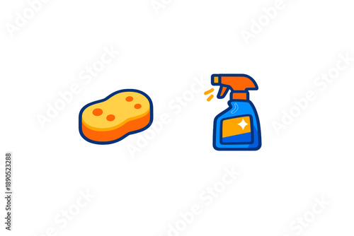 Cleaning supplies are placed together with a sponge and a spray bottle on a white background for a simple cleaning task